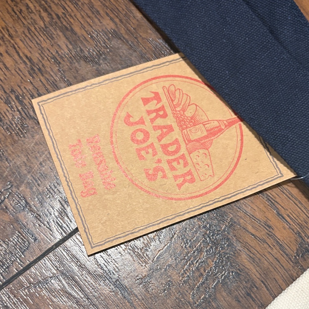 Large Classic Trader Joe's Canvas Tote Bag in Cream and Blue NEW - Picture 2 of 3